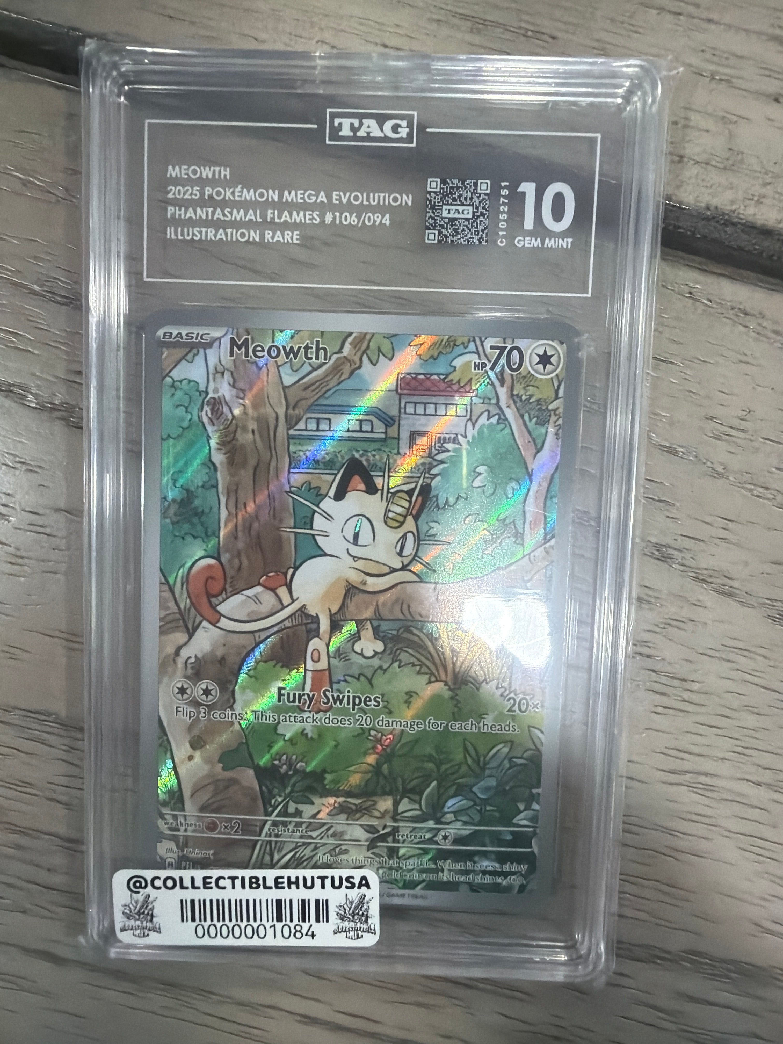 Graded Pokemon - TAG 10 Meowth 106/094 Me02: Phantasmal Flames Holo
