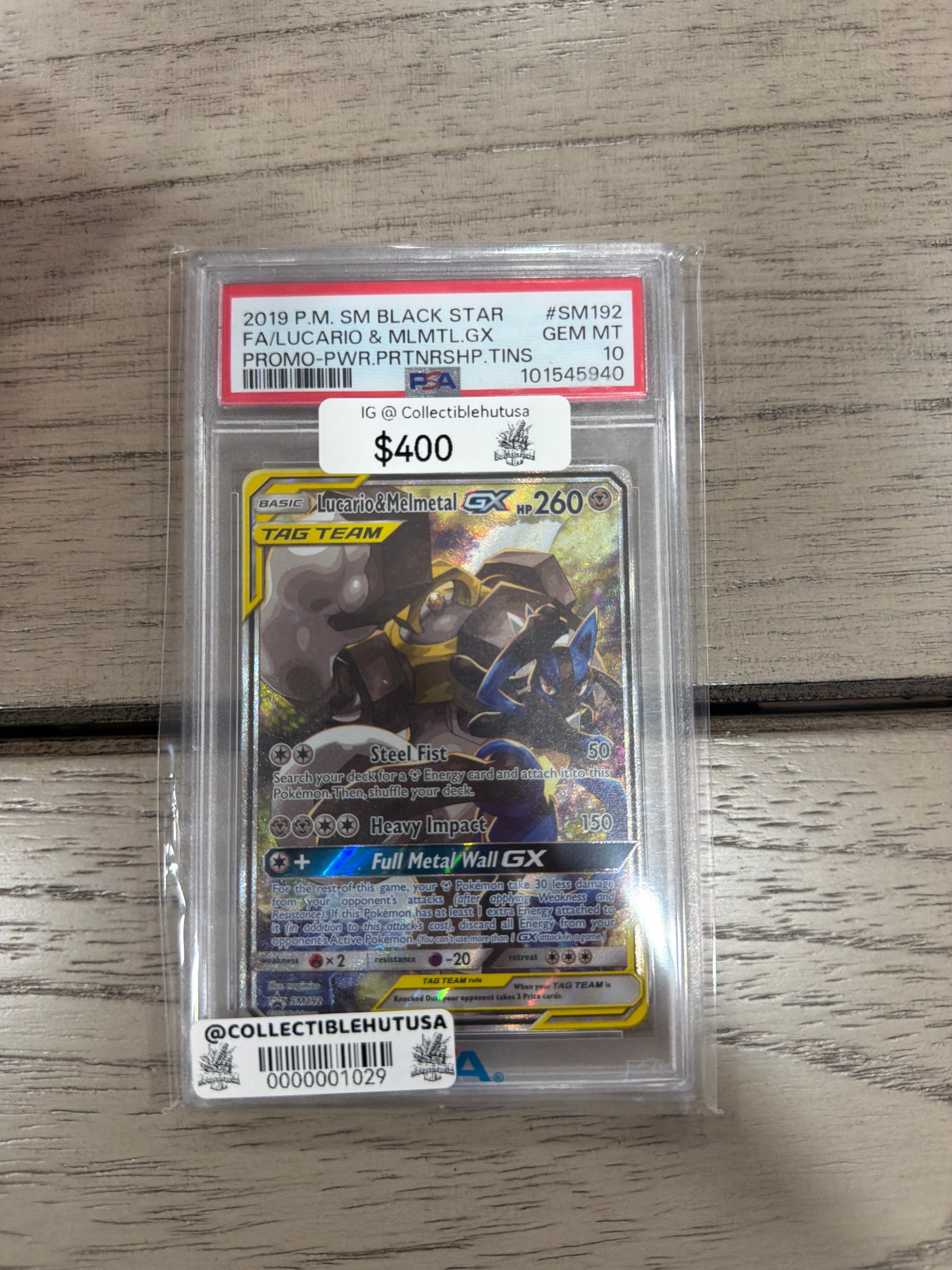 Graded Pokemon - 2019 Pokemon SM Black Star Promos SM192 Lucario & Melmetal GX PSA 10